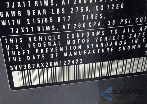 2019 Volkswagen Tiguan 2.0T Se/2.0T Sel/2.0T Sel R-Line/2.0T Sel R-Line Black из США, поврежденный, VIN 3VV3B7AX2KM122422